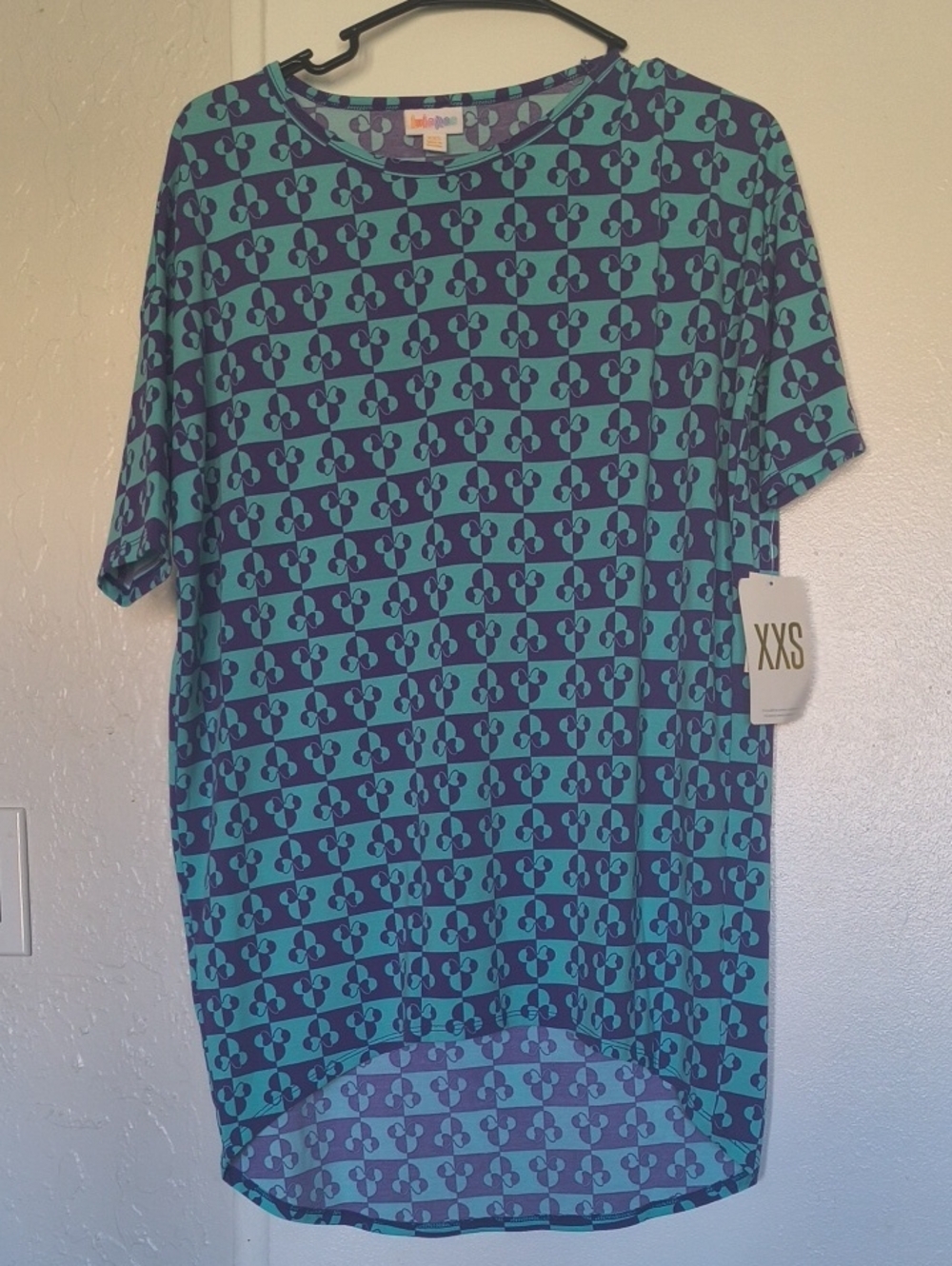 DISNEY LuLaRoe Teal and Navy Geometric Short Sleeve Tee- SMALL can Fit Large